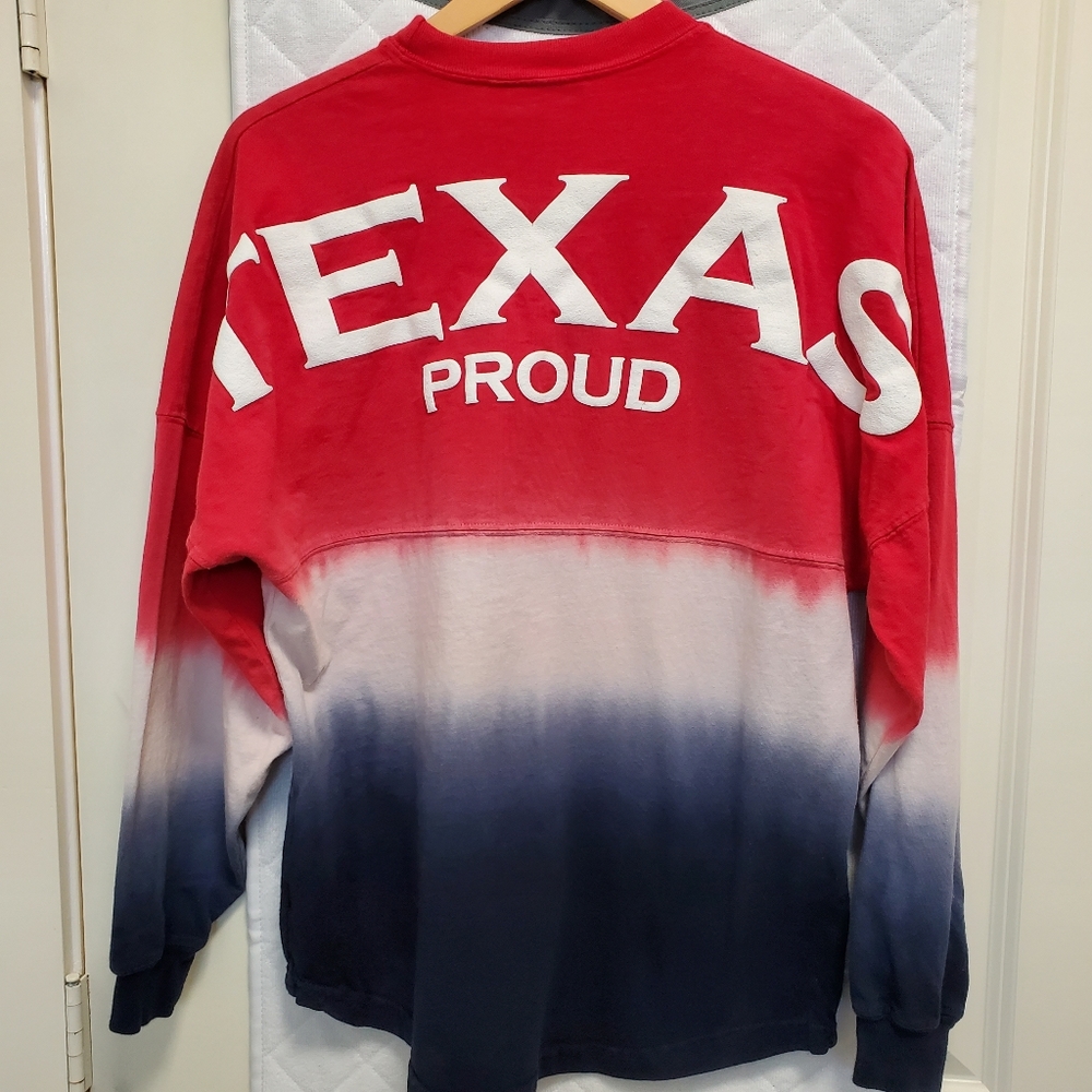 Above Wings, "Texas Proud" size S, red, white, blue fade, long sleeve t-shirt.